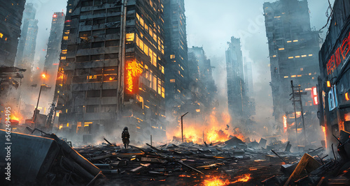 person standing in burning city