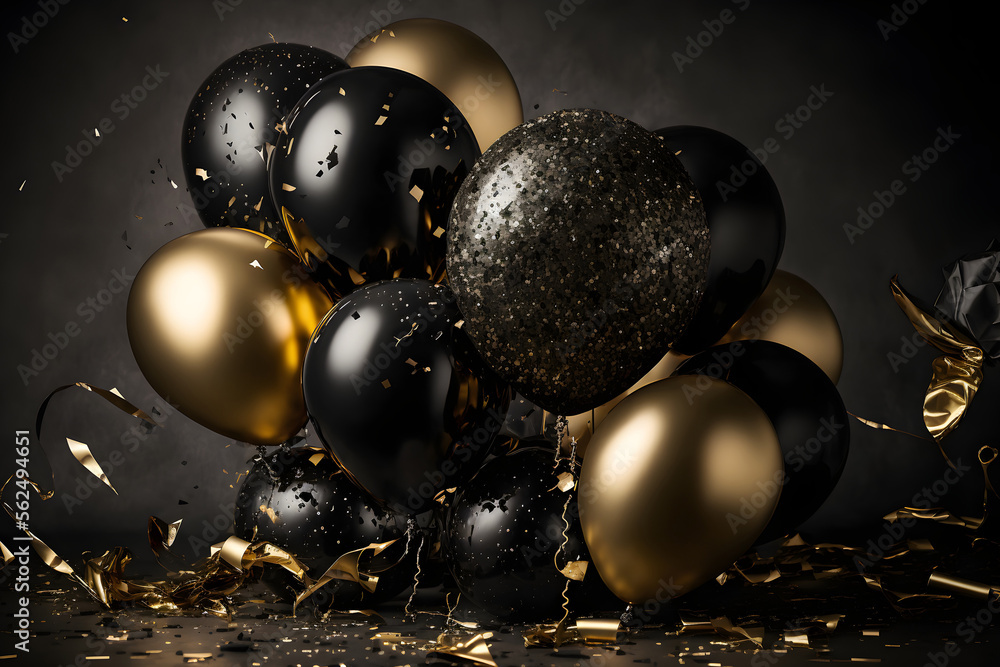 Festive background with black and gold balloons. Generative AI. Stock