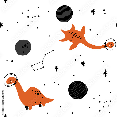 Dino in space seamless pattern. Cute dragon characters, dinosaur traveling galaxy with stars, planets. Kids cartoon vector background. Illustration of astronaut dragon, kids wrapping with cosmic dino