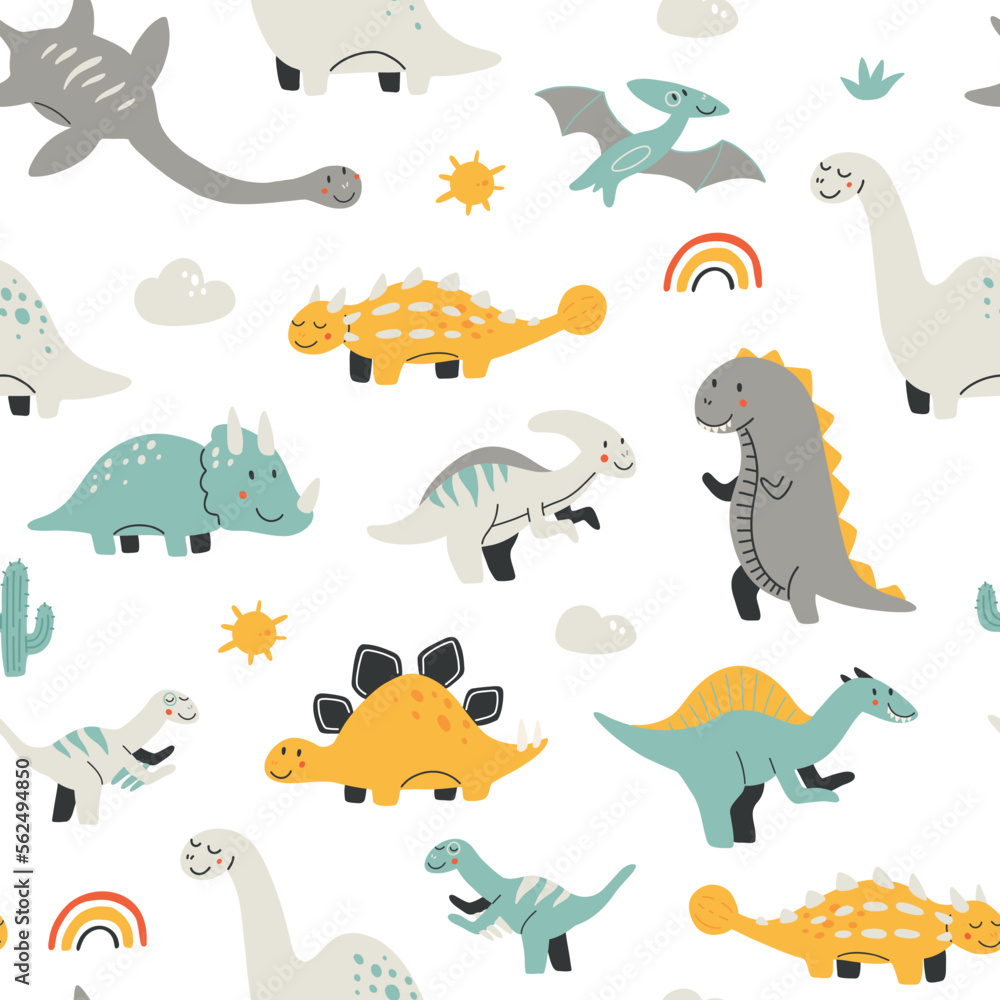 Vector seamless pattern with cute baby dinosaurs. Hand drawn brontosaurus, tyrannosaurus, pterodactyl, triceratops, stegosaurus, spinosaurus, plesiosaurus, ankylosaurus, velociraptor, parasaurolophus Vector seamless pattern with cute baby dinosaurs. Hand drawn brontosaurus, tyrannosaurus, pterodactyl, triceratops, stegosaurus, spinosaurus, plesiosaurus, ankylosaurus, velociraptor, parasaurolophus