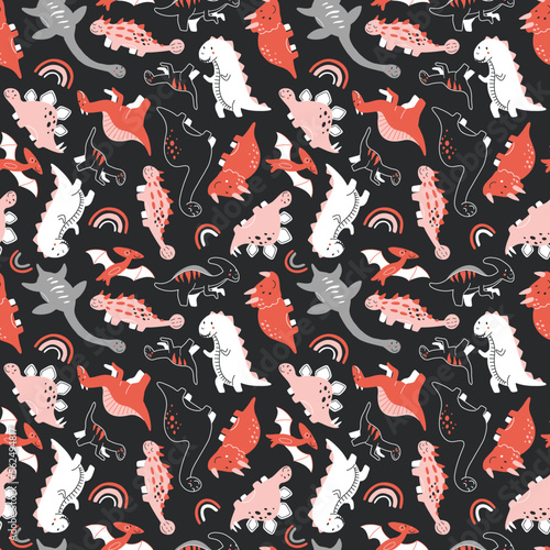 Vector seamless pattern with cute baby dinosaurs. Hand drawn brontosaurus, tyrannosaurus, pterodactyl, triceratops, stegosaurus, spinosaurus, plesiosaurus, ankylosaurus, velociraptor, parasaurolophus