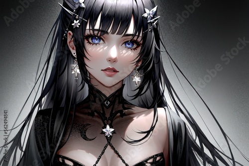 anime girl with black hair and blue eyes and a black dress