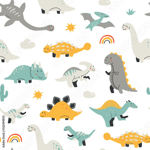 Vector seamless pattern with cute baby dinosaurs. Hand drawn brontosaurus  tyrannosaurus  pterodactyl  triceratops  stegosaurus  spinosaurus  plesiosaurus  ankylosaurus  velociraptor  parasaurolophus