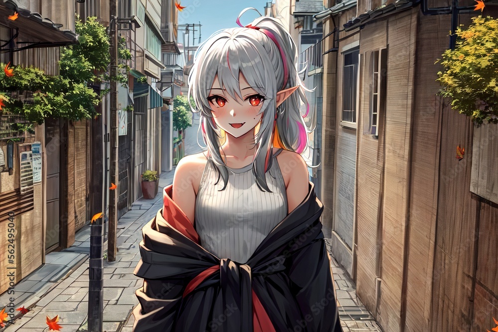 anime elf girl with long hair and a black dress in a narrow alley Stock ...