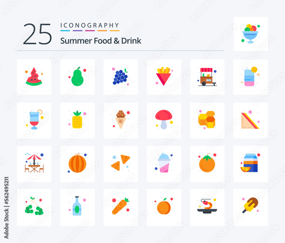 Summer Food & Drink 25 Flat Color icon pack including food vendor. food. grapes. fries. chips