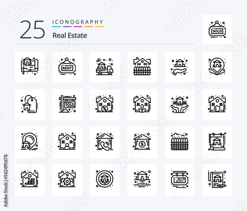 Real Estate 25 Line icon pack including estate. fence. delivery. construction. apartment