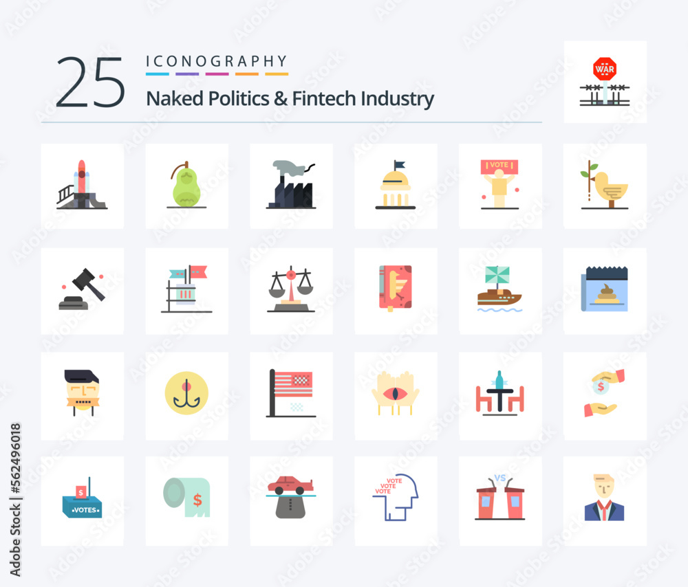 Naked Politics And Fintech Industry 25 Flat Color icon pack including politics. campaign. peace. lobbying. domination