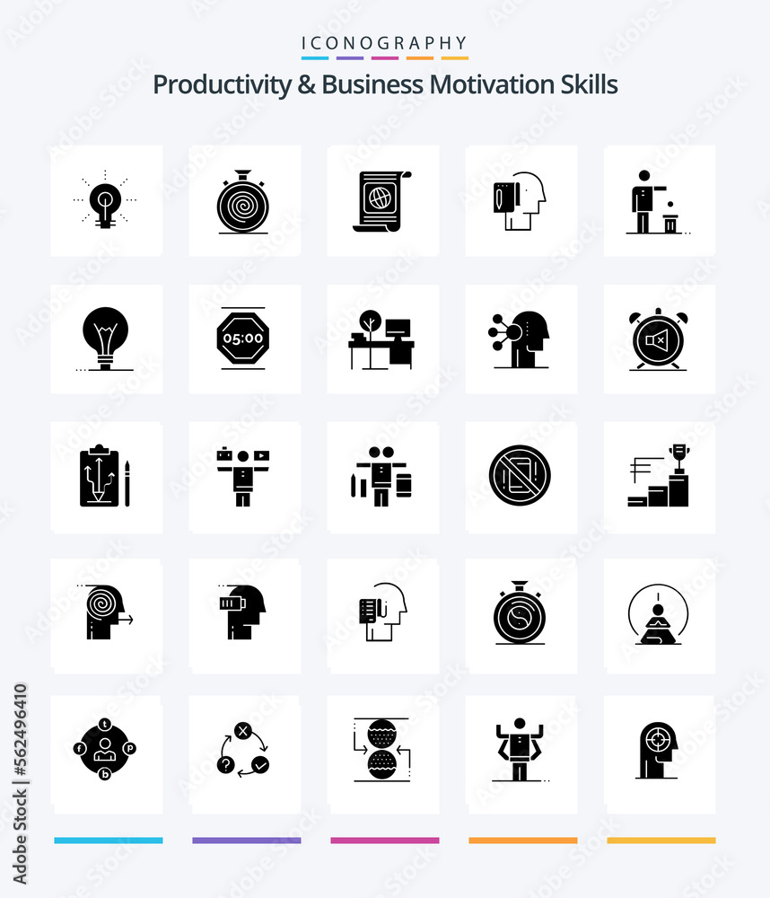 Creative Productivity And Business Motivation Skills 25 Glyph Solid Black icon pack  Such As list. begin. nonstop. file. target