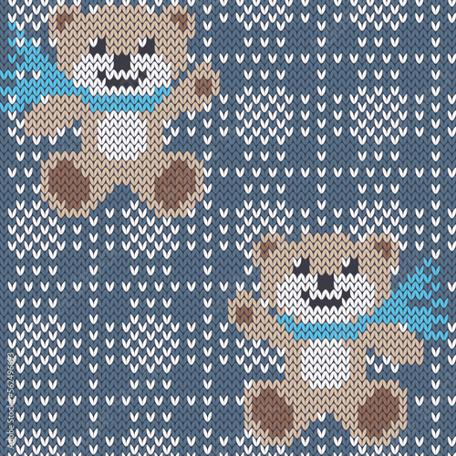 Teddy bear on blue plaid tartan Jacquard knitted seamless pattern. Winter background for baby wear knitting design. Vector illustration.