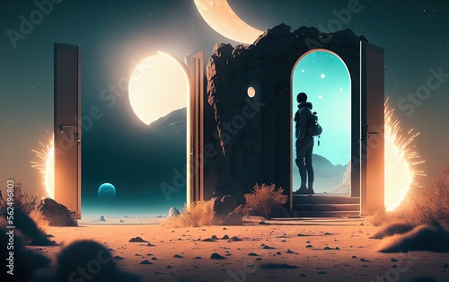 Tableau sur toile there is a astronomer standing in front of a large doorway