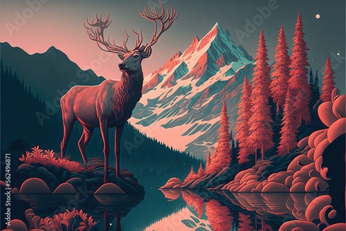  a deer standing on a rock next to a lake and mountains with red trees and snow on the tops of the mountains and a full moon in the sky above the water area with a. Generative AI