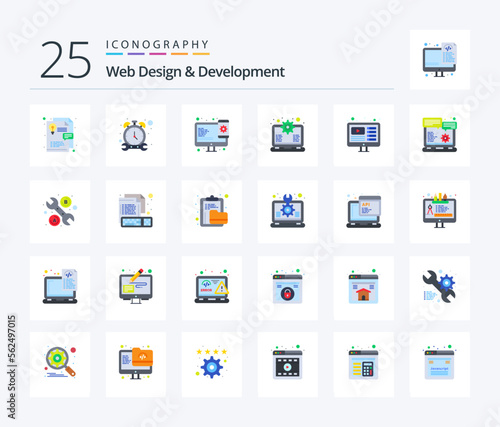Web Design And Development 25 Flat Color icon pack including you tuber. design. responsive. support. laptop