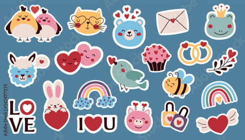 Message vector stickers. Children's sticker pack  with cute animals and love flat style elements. 