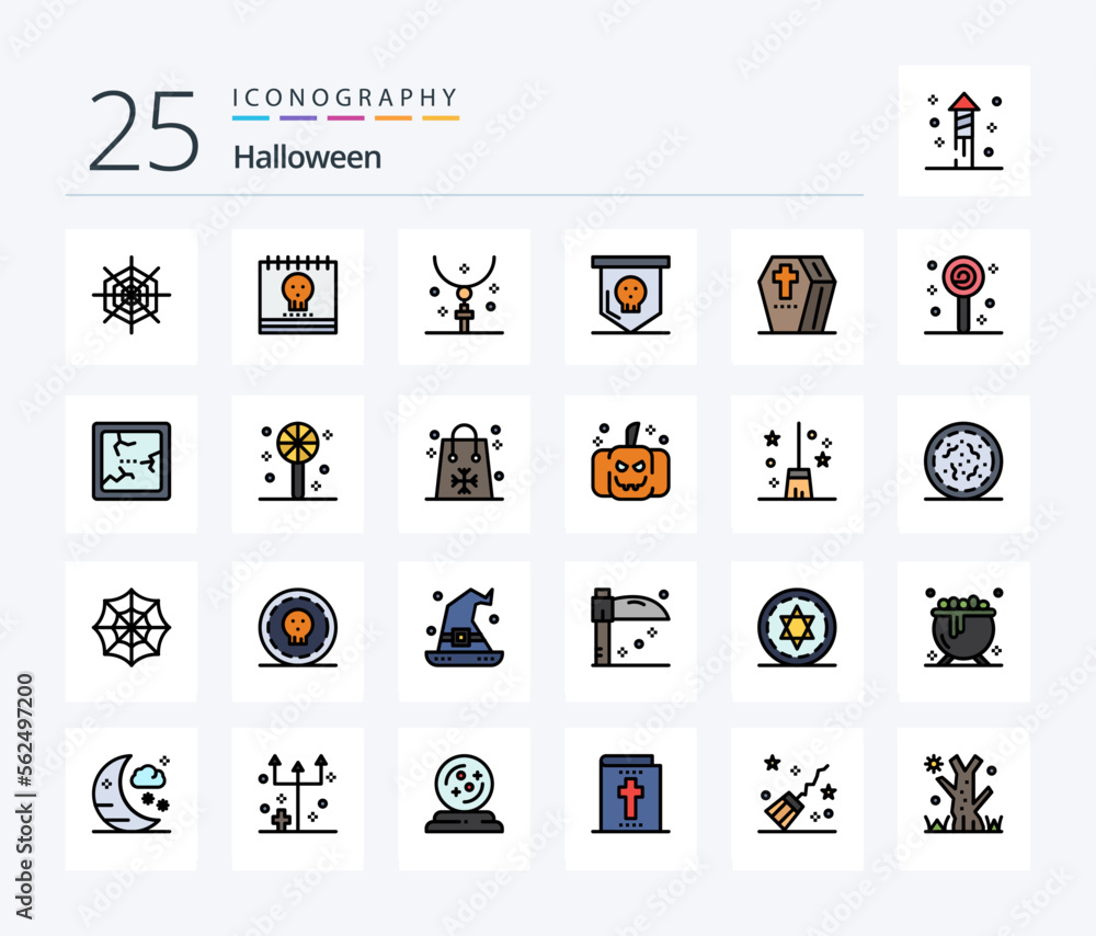 Halloween 25 Line Filled icon pack including coffin. horror. cross. halloween. necklace