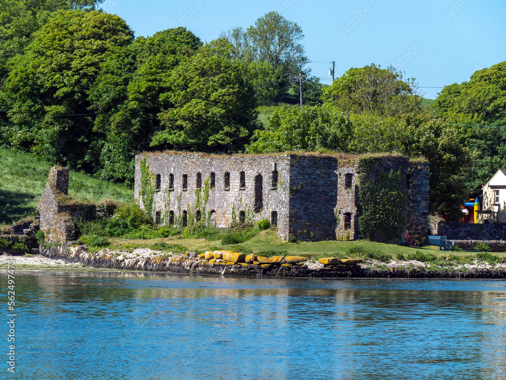 Fototapeta premium The ruins of an ancient stone grain store on the shore of Clonakilty Bay on a sunny spring day. Irish landscape. The ruins of Arundel Grain Store near Clonakilty.