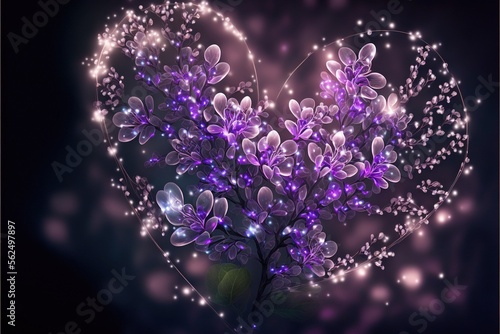  a heart shaped purple flower with a sparkle effect in the background and a sparkle effect in the middle of the heart, with a purple background of a black background with a heart and a. Generative AI