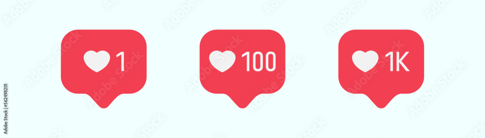 Like notification icon on light background. Social network app sign. Red speech bubble with one, one hundred and 1k likes sign. Flat style. Like notification icon on light background. Social network app sign. Red speech bubble with one, one hundred and 1k likes sign. Flat style.