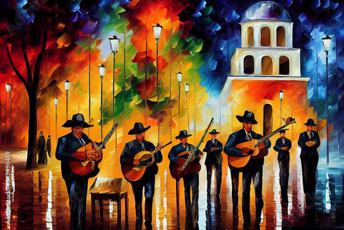 Mexican mariachi on zocalo in the evening performing a song digital illustration, latino street musicians in traditional costumes multicolored painting