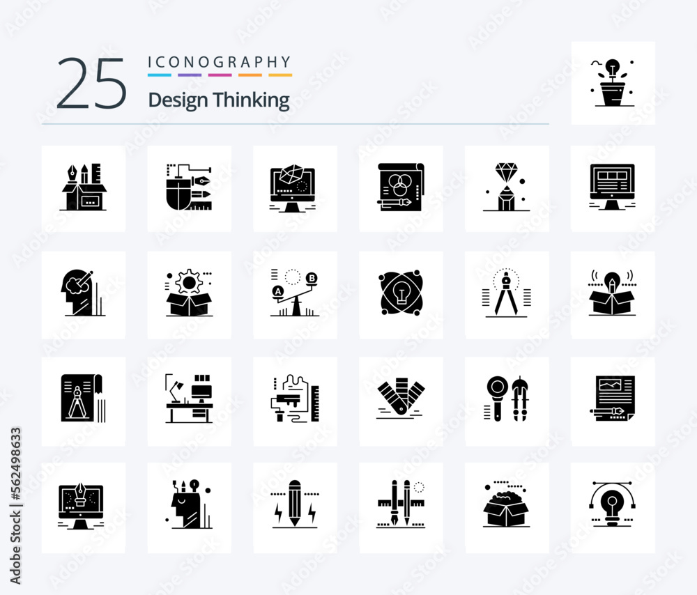 Design Thinking 25 Solid Glyph icon pack including pen. card. pencil. color. modeling