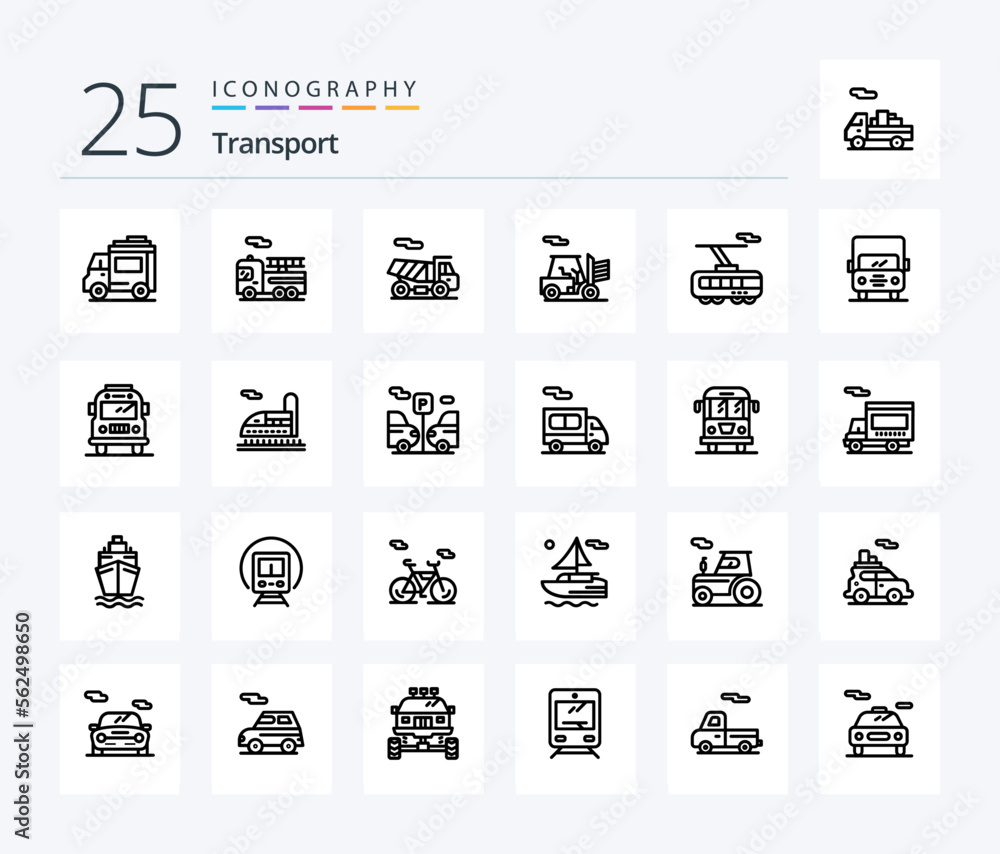 Transport 25 Line icon pack including van. transport. outline. auto. train