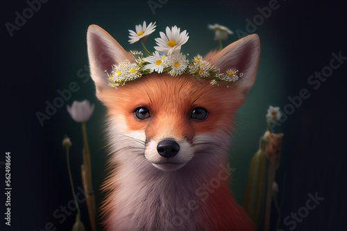 baby fox with flower crown, springtime concept. Generative Ai photo