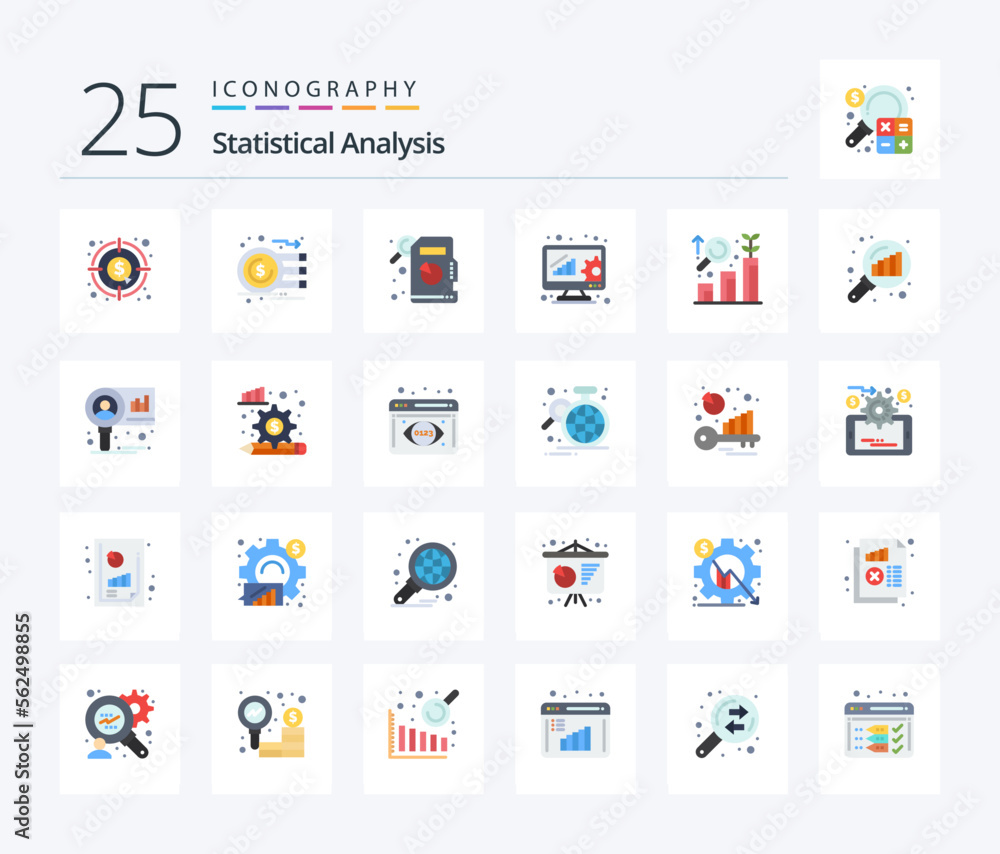 Statistical Analysis 25 Flat Color icon pack including graph magnifying. data analyzing. data analytics. growth. analysis