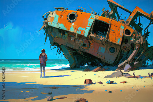 An ancient red mechanical engine runs aground on the beach, digital art style, generative AI