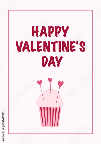 Happy valentine s day postcard with pink cupcake with heart. Flat vector