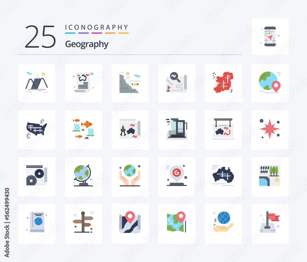 Geo Graphy 25 Flat Color icon pack including travel. destination. travel. fishing. fish