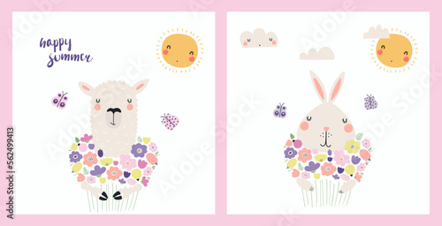 Cute funny animals, rabbit, llama, holding flower bouquets. Posters, cards collection. Hand drawn vector illustration. Scandinavian style flat design. Concept spring, summer kids fashion print.