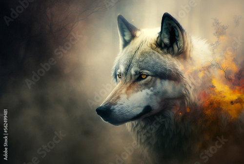 epic misty wolf in forest background generative ai.