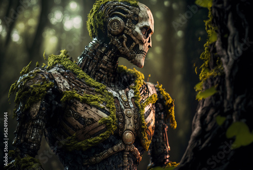 cyborg made out of decomposing wood covered in mushrooms and moss environment recycle robot,generative ai.