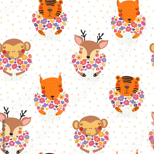 Cute animals holding bouquet of flowers seamless pattern on a white background. Hand drawn vector illustration. Scandinavian style flat design. Concept kids textile  fashion print  wallpaper  package.