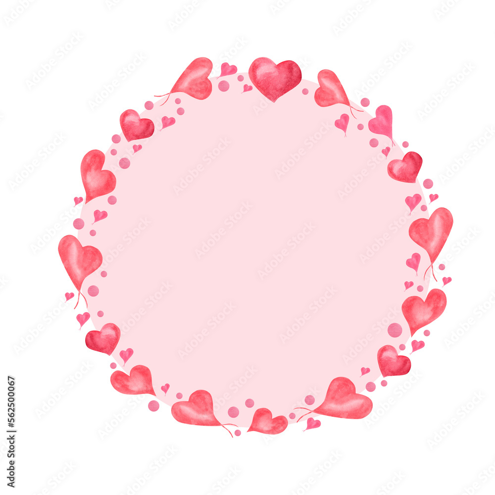 Watercolor wreath of pink hearts. Romantic illustration isolated on white background. For Save the date, Valentines day, birthday and mothers day cards, wedding invitation
