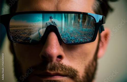 Close-up portrait of a beautiful man in glasses of the future modern futuristic vr virtual glasses metaverse glasses