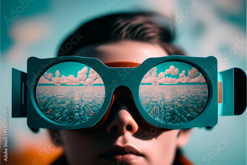 Close-up portrait of a beautiful Woman in glasses of the future modern futuristic vr virtual glasses metaverse glasses.