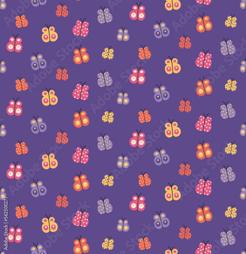 Cute bright butterflies seamless pattern on a violet background. Hand drawn vector illustration. Scandinavian style design. Concept for kids fashion print  textile  fabric  wallpaper  packaging