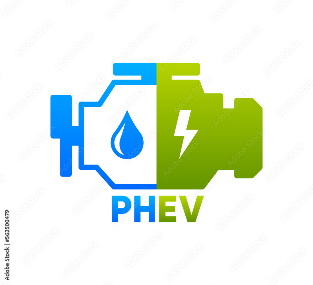 Plug-in hybrid electric vehicle engine vector symbol. PHEV car, half section part of electric energy and fuel engine sign. Vector illustration.