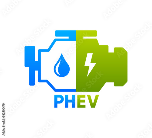 Plug-in hybrid electric vehicle engine vector symbol. PHEV car, half section part of electric energy and fuel engine sign. Vector illustration.