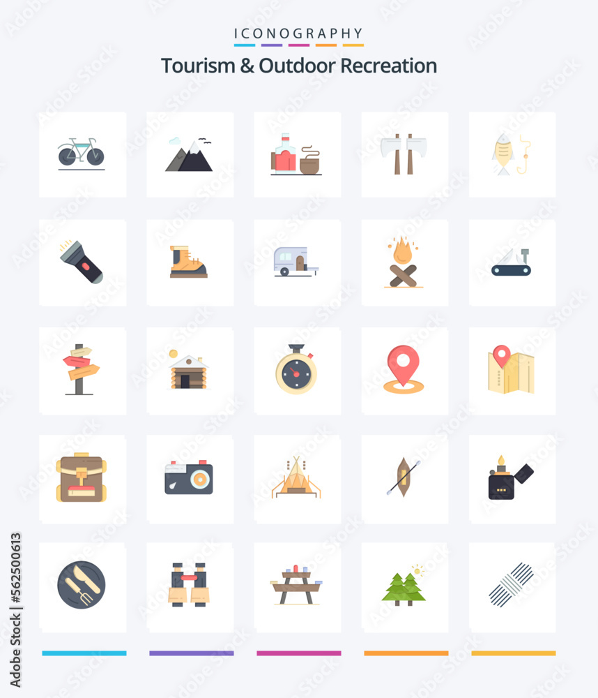 Creative Tourism And Outdoor Recreation 25 Flat icon pack  Such As fish. tool. tea. lumberjack. axe