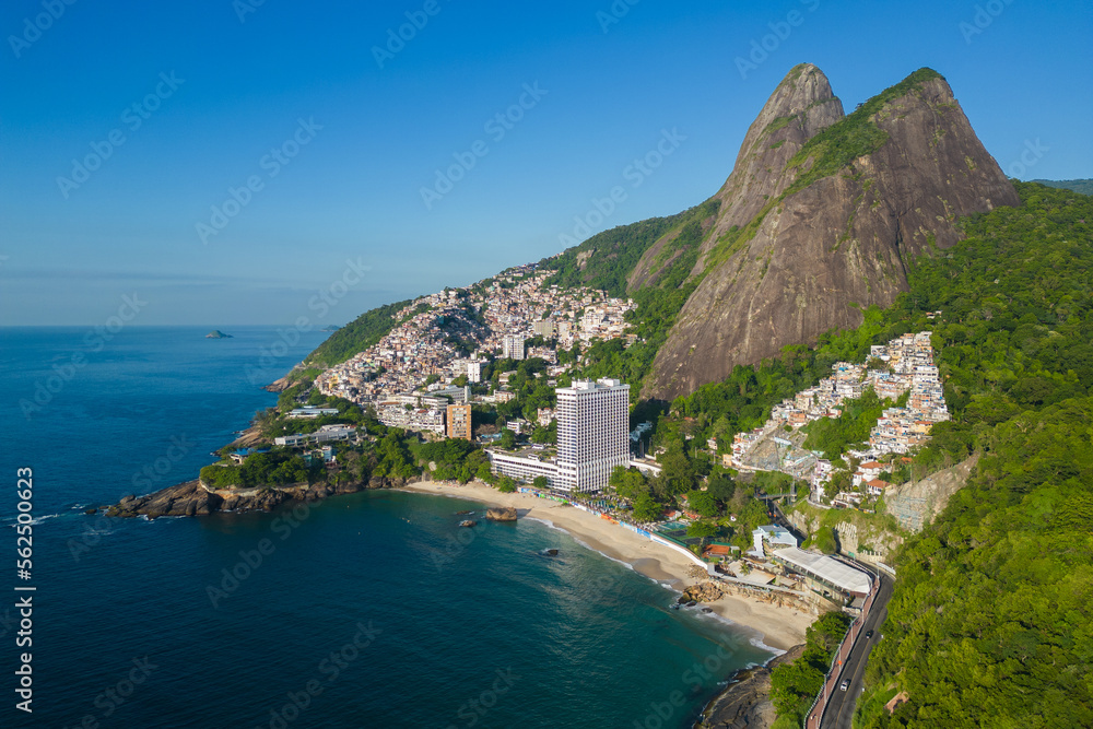 Aerial View of Two Brothers Mountain With Vidigal Slum on Side of It and the Beach Below