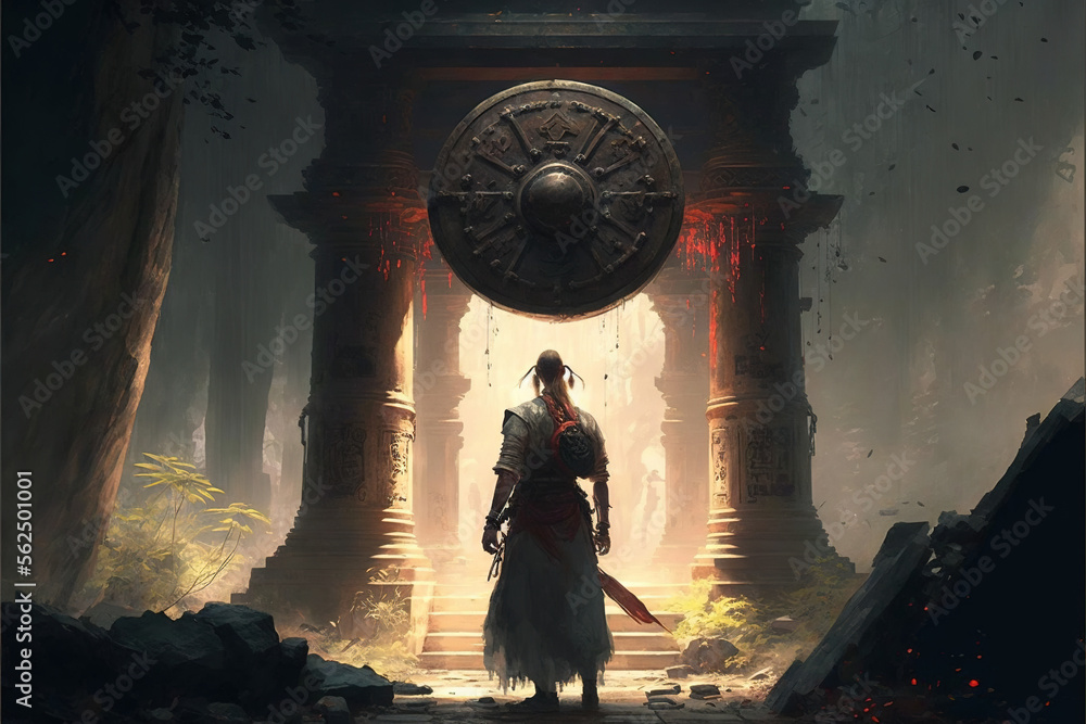 Naklejka premium Kung fu warrior in front of a gong. Role-playing game illustration. Generative AI.