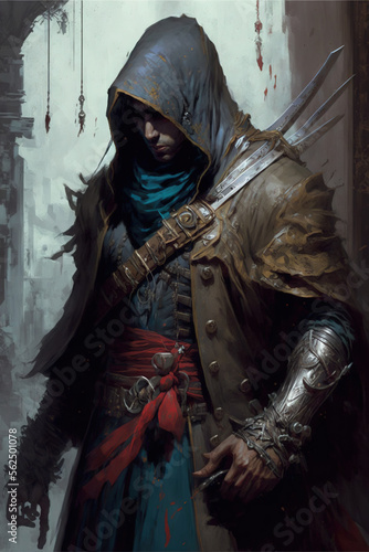 Assassin character design. Role-playing game illustration. Generative AI.