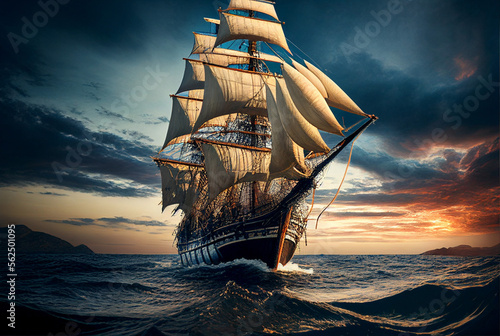 Sailing ship. galleon. Ocean. Sails