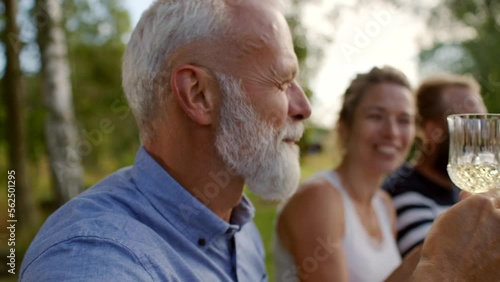 Mature man making a toast with friends and family during an outdoor lunch together in summer