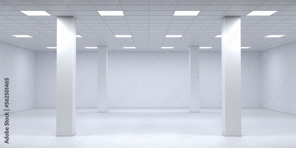 Obraz premium Empty white office room with columns and ceiling lights. 3d render