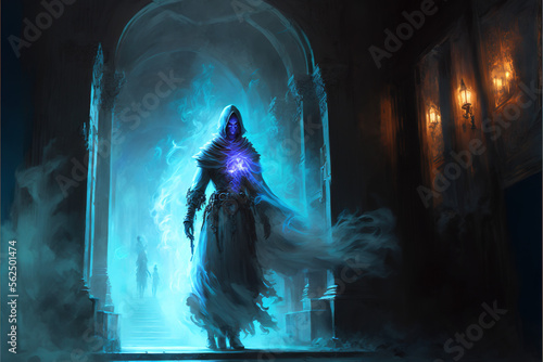 Eery phantom figure in a dungeon. Role-playing game illustration. Generative AI. photo