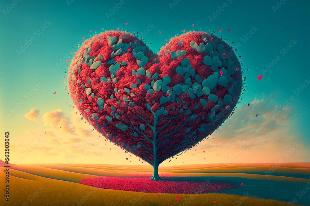 Heart tree. Red heart shaped tree. Valentine background. Love. Valentines day illustration - obrazy, fototapety, plakaty 