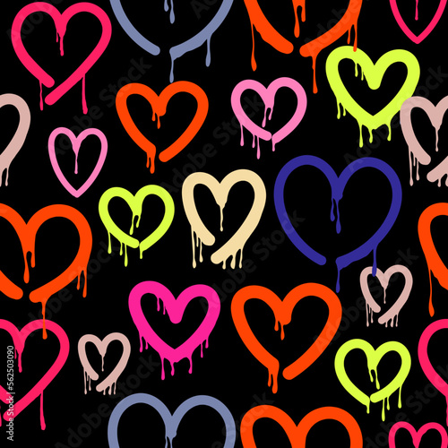Various unique Hearts. Dripping paint, graffiti style, brush stroke, ink splatter grunge hearts. Hand drawn trendy Vector illustration. Symbol of love, valentine concept. Square seamless Pattern