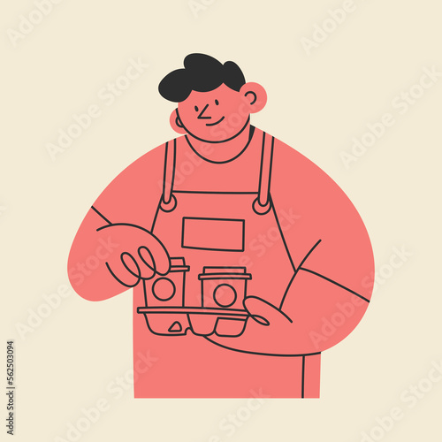 Barista in apron holding paper cups with coffee or tea. Cups to take away or to go. Cute cartoon character. Cafe worker. Hand drawn isolated Vector illustration. Coffee shop, tea house concept